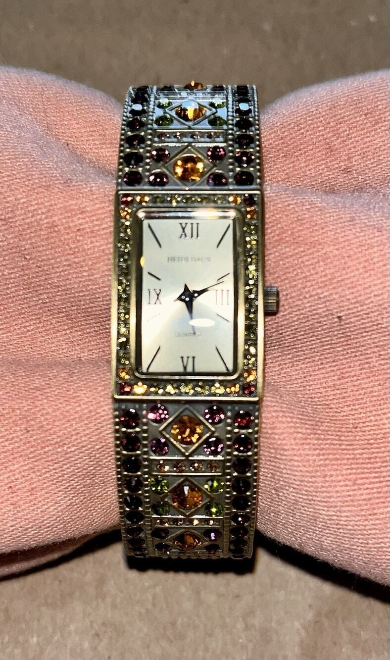 Heidi Daus Double Trouble Bangle Cuff Wrist Watch Swarovski Crystals Brass Tone
